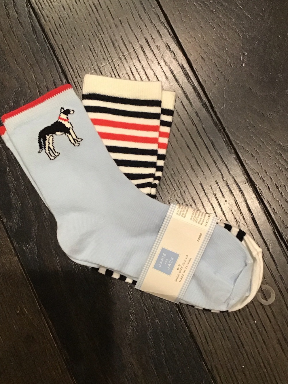 Janie and Jack 2 Pair Crew Socks with Dog Motif & Navy/White Stripes. 6-8